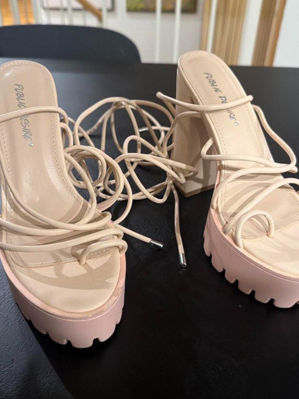 Public Desire pink platform heels with chunky sole and open toe
